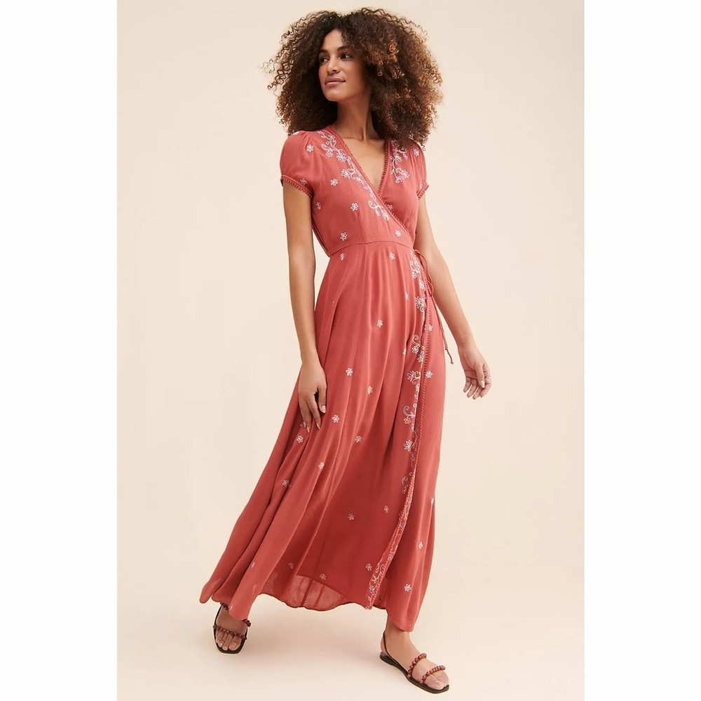 Free People | Mia Floral Embroidered Maxi Wrap Dress Size S